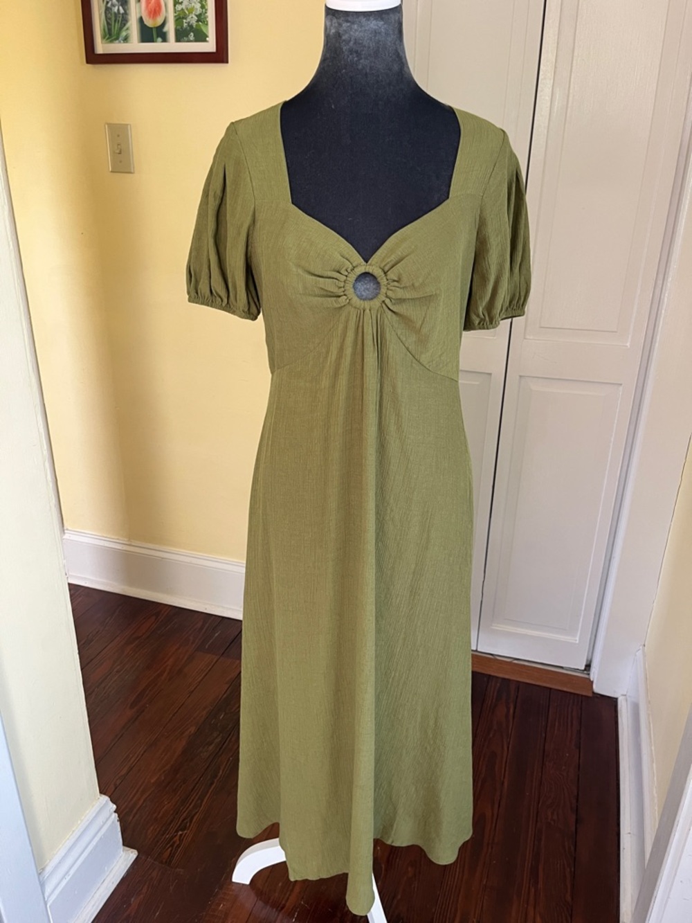 Anthropologie Olive Green Midi Dress with Ring Front Detail